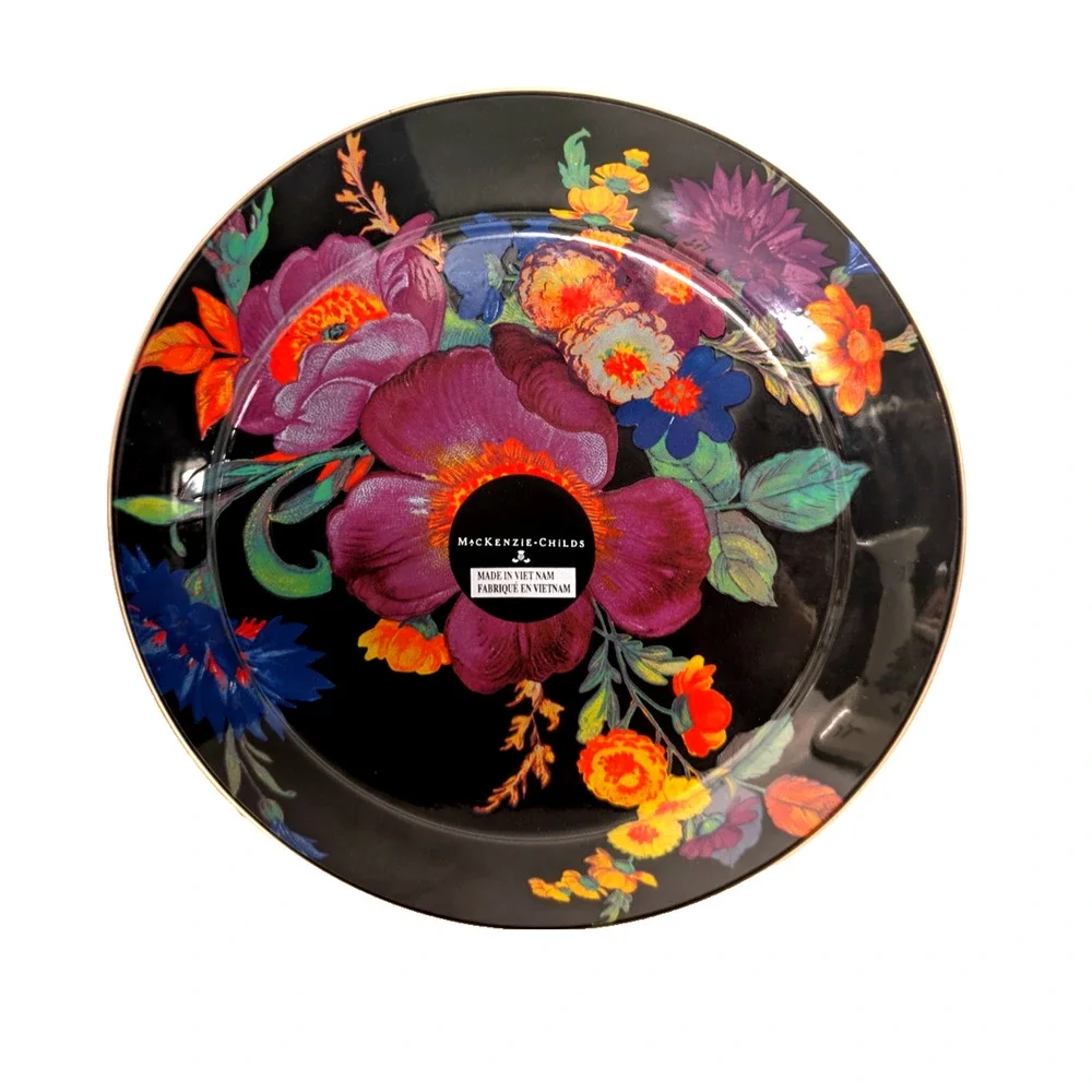 MacKenzie Childs Black Flower Market Enamel Charger Plates 12 inch, Set of 4